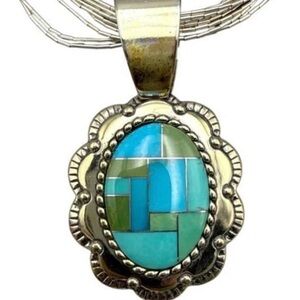 Preview Artisan Turquoise and Silver Mosaic Necklace  aval: 2/10/26